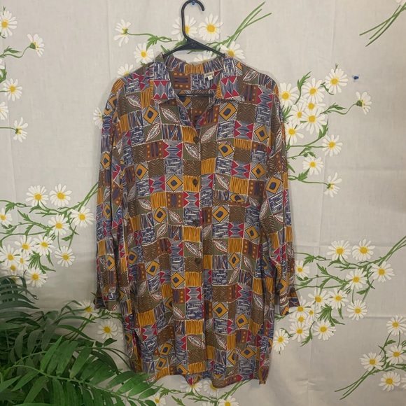Vintage Silk African Patterned Shirt Dress - Picture 3 of 6